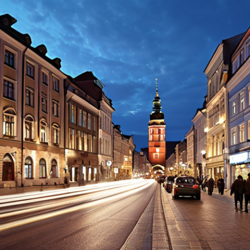 Home 4 ** A bustling Polish city street at dusk, filled with modern cars and traditional architecture. Focus on the vibrant street lights and the sense of everyday life. (폴란드의 번화한 도시의 저녁 거리, 현대적인 차와 전통 건축물이 가득합니다. 생동감 넘치는 가로등과 일상 생활의 분위기에 집중합니다.)
2. **