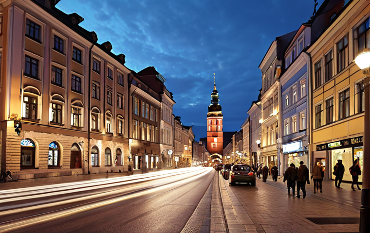 ** A bustling Polish city street at dusk, filled with modern cars and traditional architecture. Focus on the vibrant street lights and the sense of everyday life. (폴란드의 번화한 도시의 저녁 거리, 현대적인 차와 전통 건축물이 가득합니다. 생동감 넘치는 가로등과 일상 생활의 분위기에 집중합니다.)
2. **
